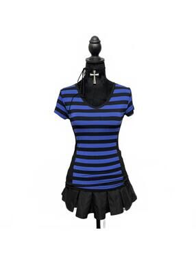Candy Couture Sz M Purple & Black Striped Fitted V Neck T-Shirt Grunge Goth Emo